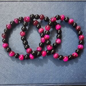 Handmade Rose Red Tiger's Eye And Black Jasper Beaded Bracelet Trio